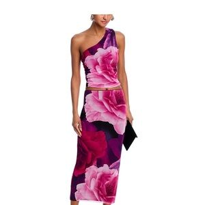Aqua One-Shoulder Dress with Pink and Purple Floral Pattern